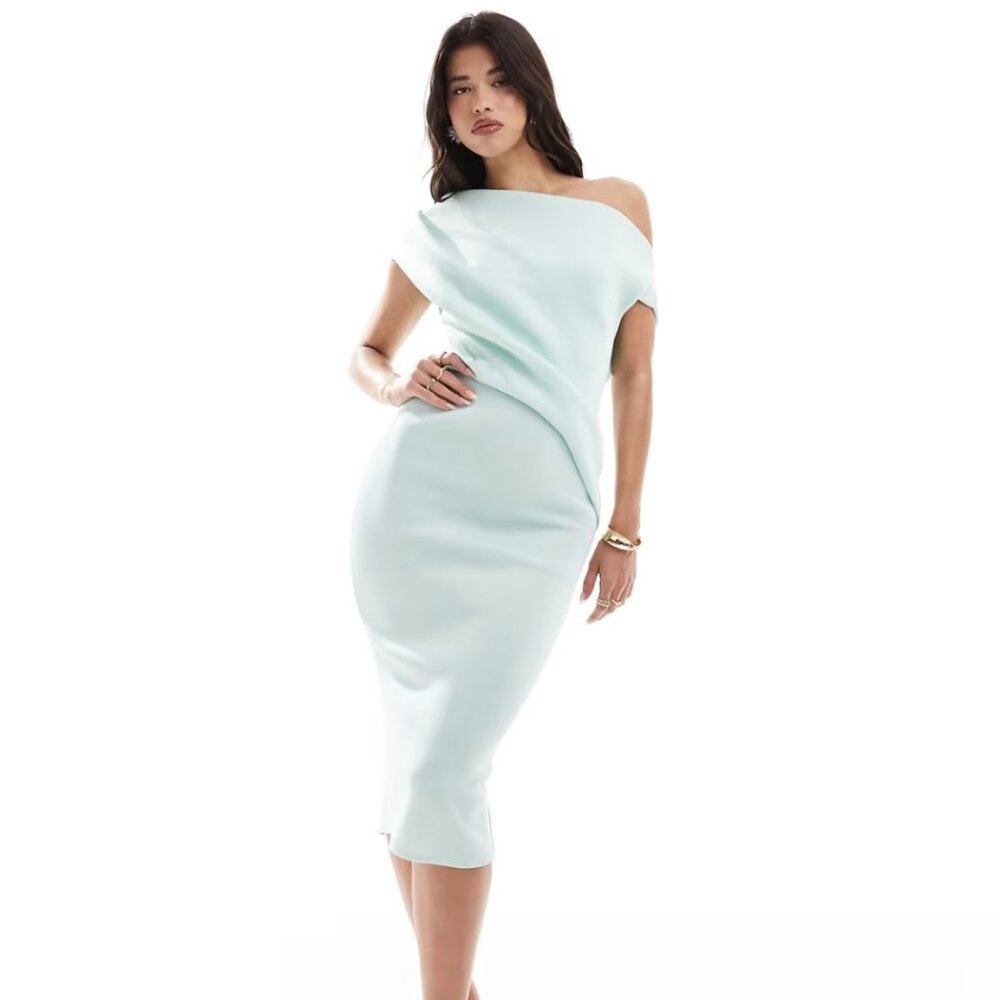ASOS DESIGN off the shoulder pleated waist detail pencil midi dress in pale blue